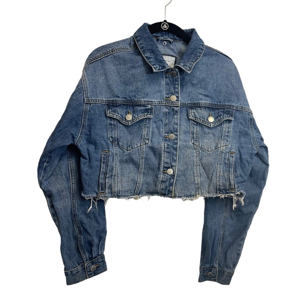 Forever21 Medium Wash Raw Hem Cropped Distressed Denim Jacket - Size L